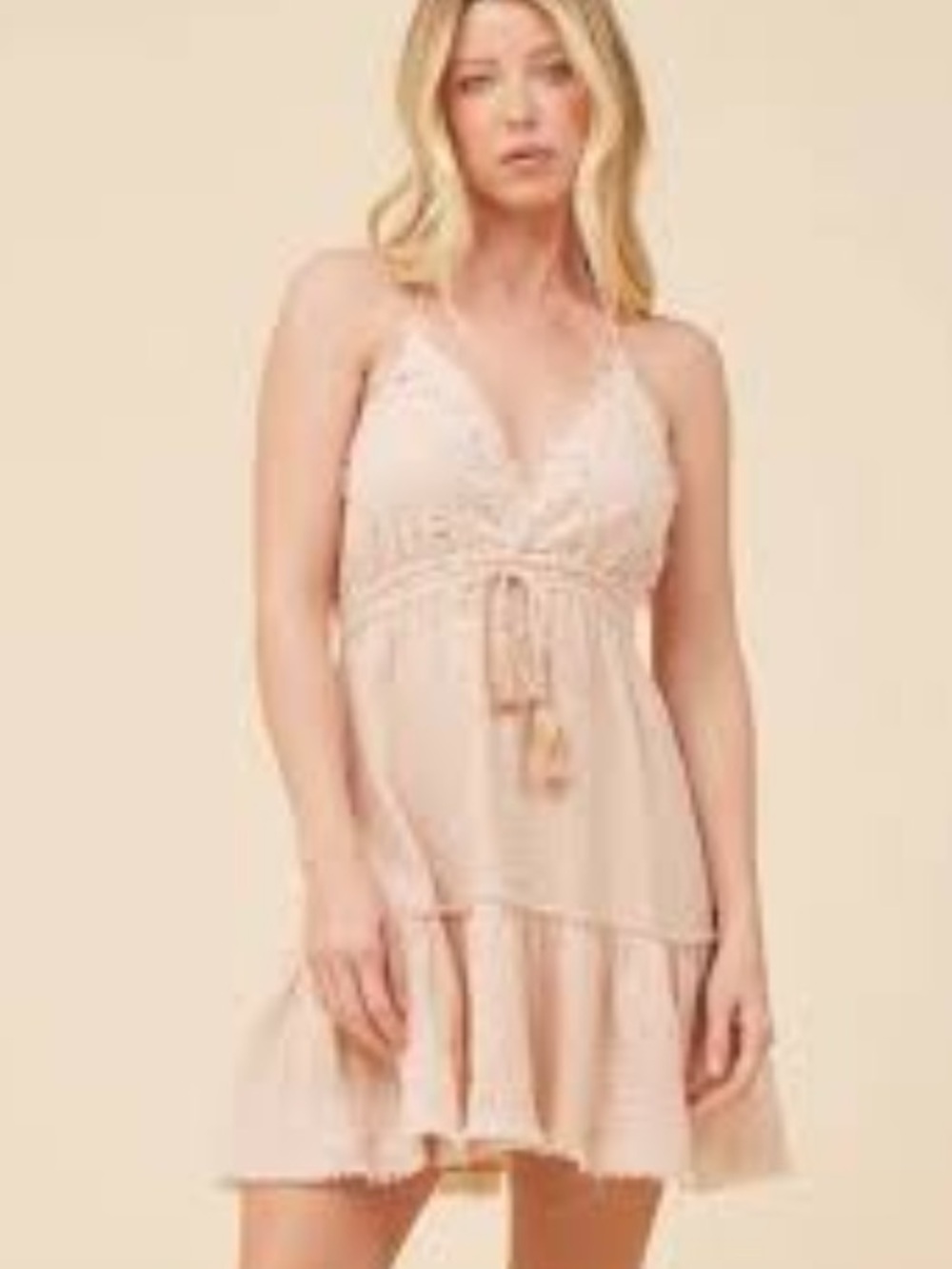 Beige Gauze Sleeveless Sundress with Tassel Tie